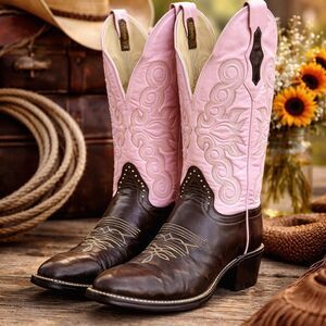 Hondo x Wall Drug Pink & Brown Leather Cowboy Boots Size 7 Made in USA.